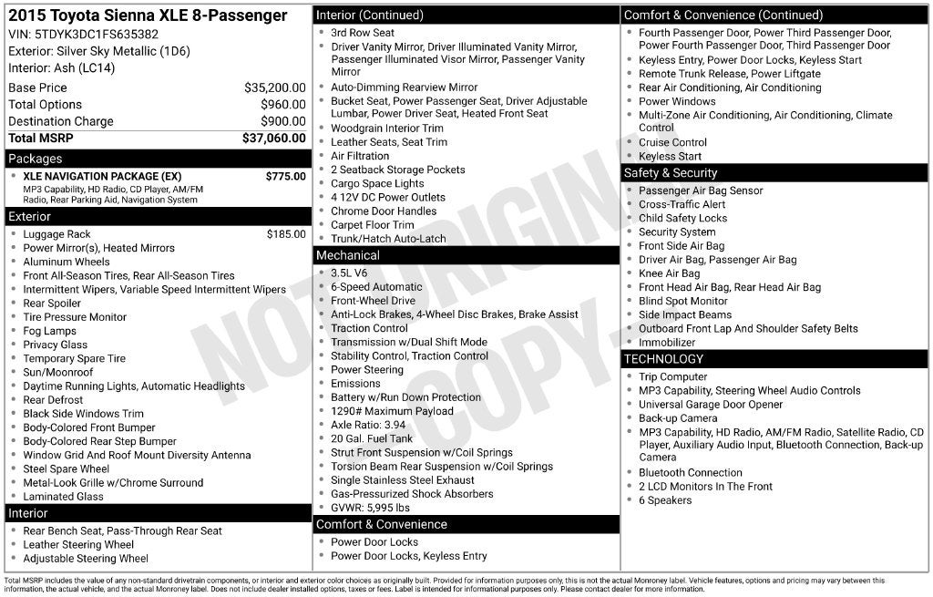 2015 Toyota SIENNA XLE 3.5L XLE 8 Passenger