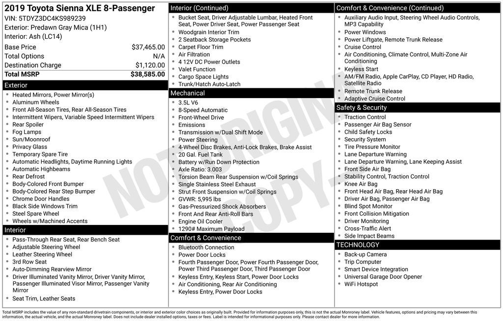 2019 Toyota SIENNA XLE 3.5L XLE 8 Passenger