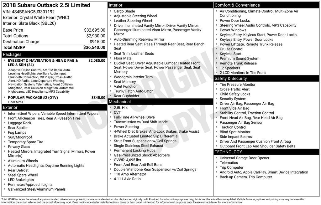 2018 Subaru Outback 2.5i Limited